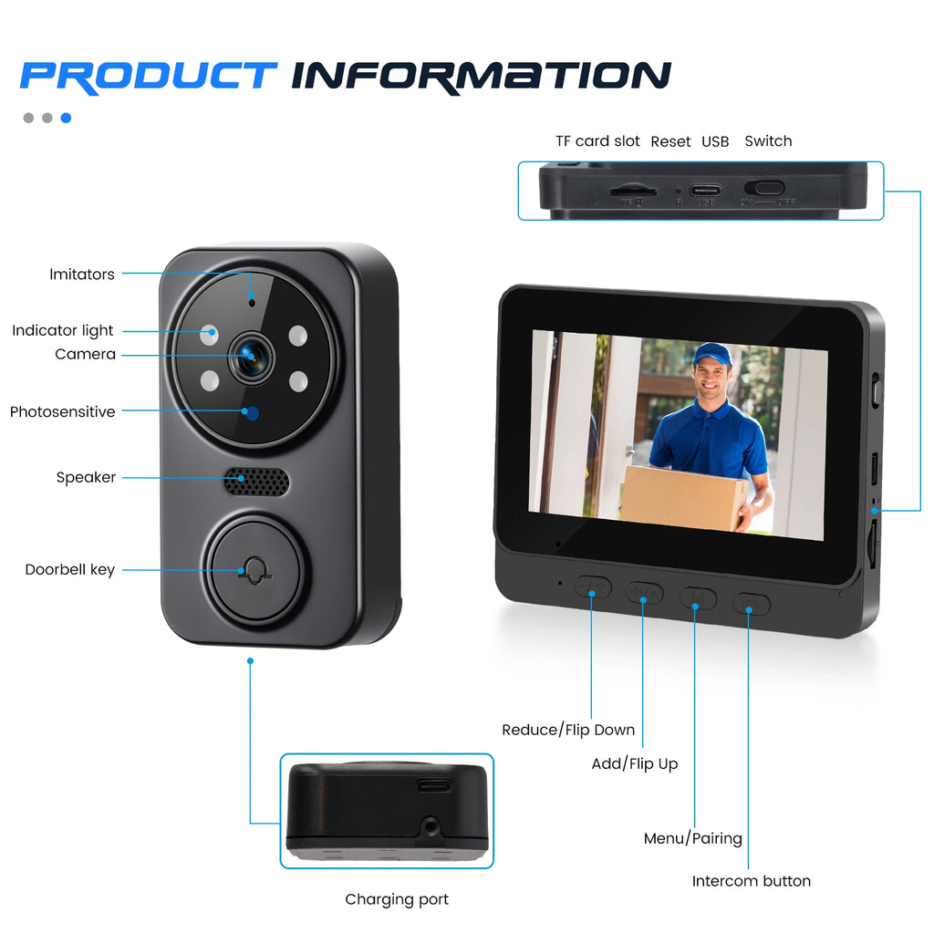 Podofo 4.3inch IPS Screen Wireless Doorbell Night Vision Intercom Video Monitor Video Two-way Intercom Doorbell Ring Door Camera