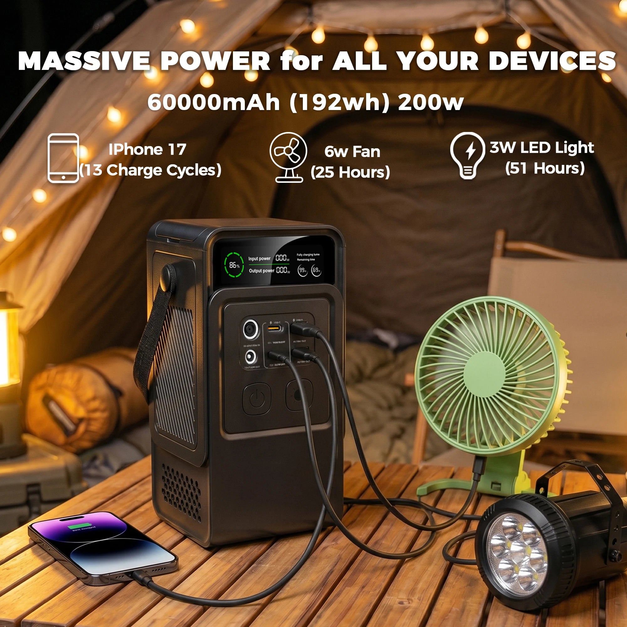 CTOLITY 192Wh Power Station 110V 200W Power Bank Outdoor Camping Portable Solar Generator LiFePO4 Battery Home Backup Power Supply 60000 mAh Emergency Battery