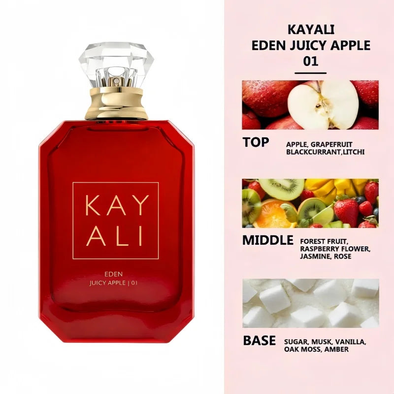 KAYALI Eden Juicy Apple 01 perfume: red glass bottle with apple, jasmine, musk notes. Unisex EDP fragrance, 100ml.