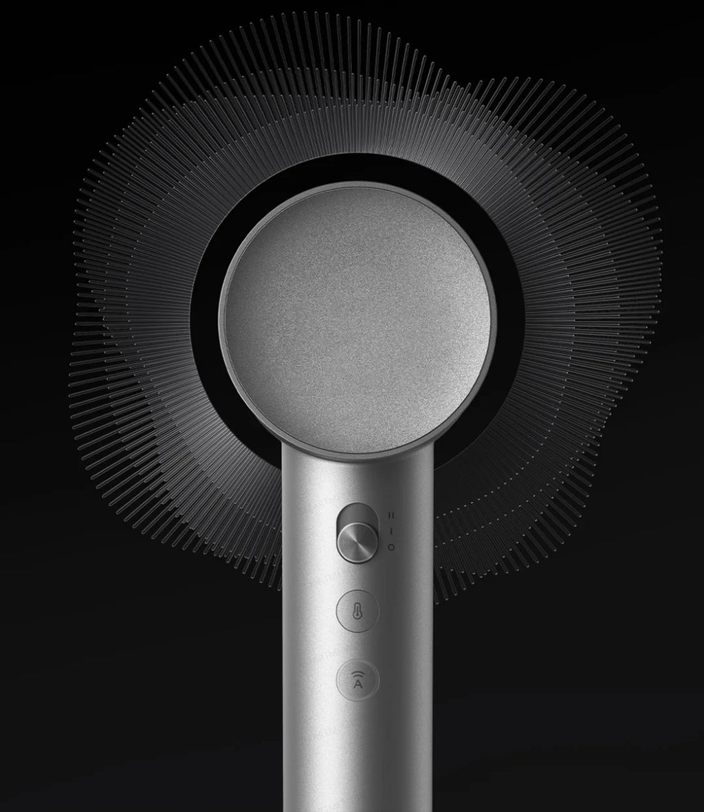 Silver MIJIA High-Speed Hair Dryer Pro with sleek handle, control buttons, and circular airflow design.