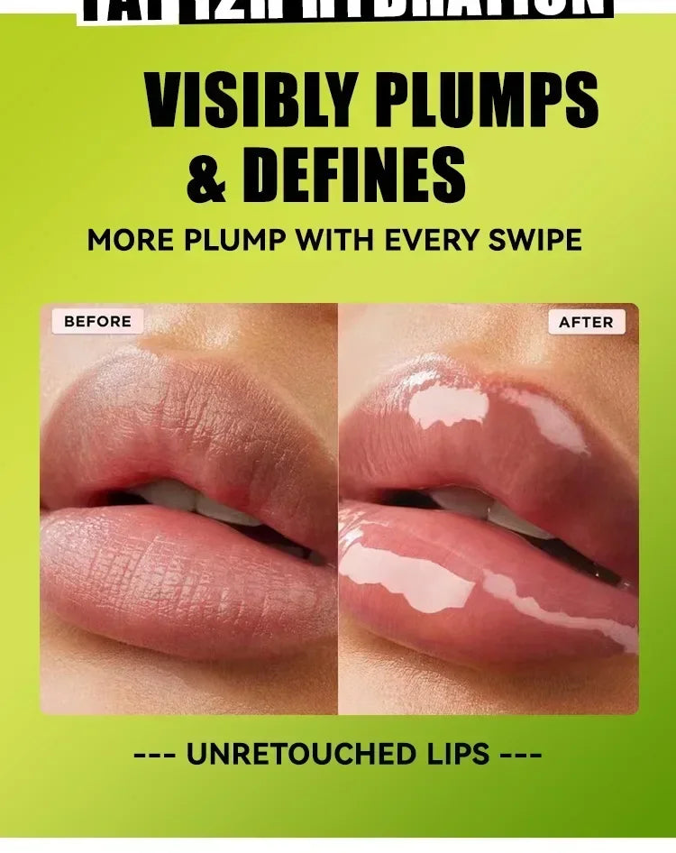 Before and after comparison of lips using moisturizing glitter lip plumper for a glossy, hydrated, and fuller look.