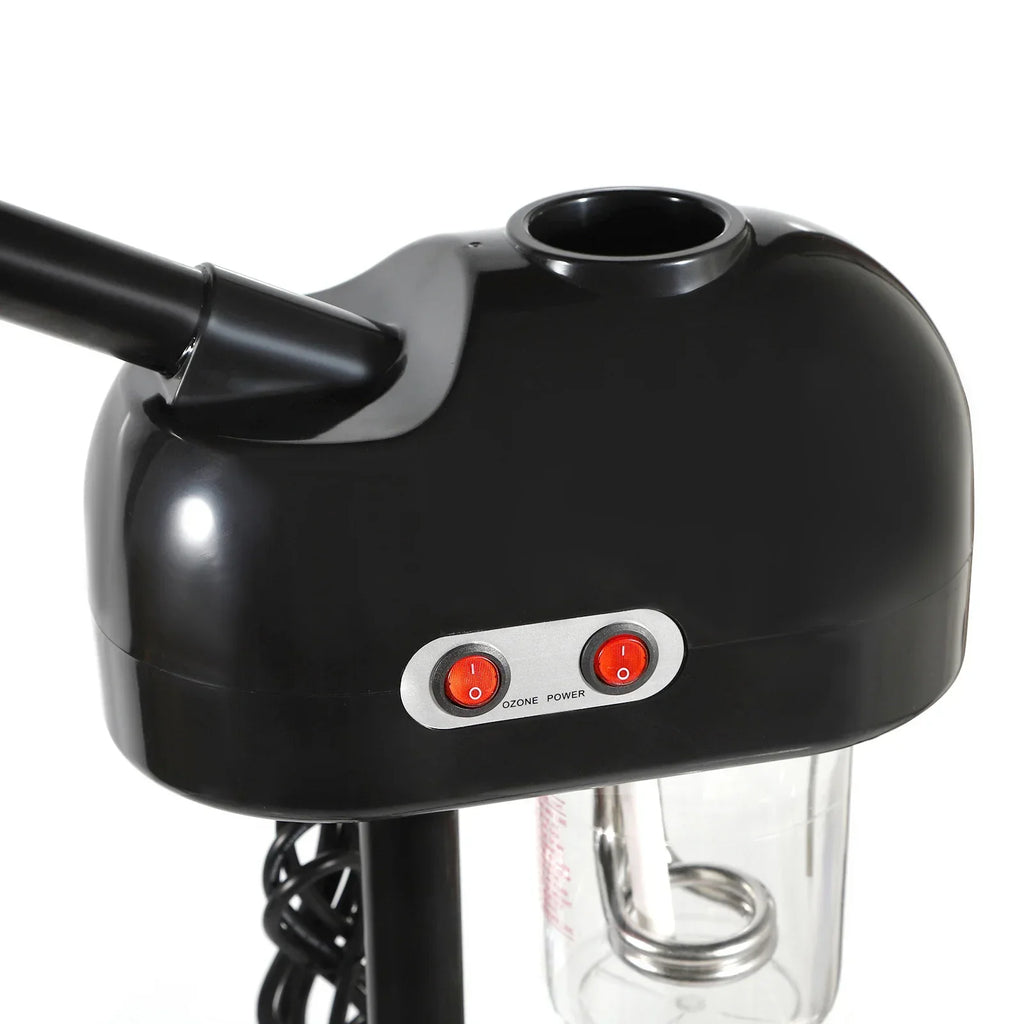 Black 800W facial steamer with ozone power switches, 750ml water tank, and adjustable spa pore cleaner nozzle.