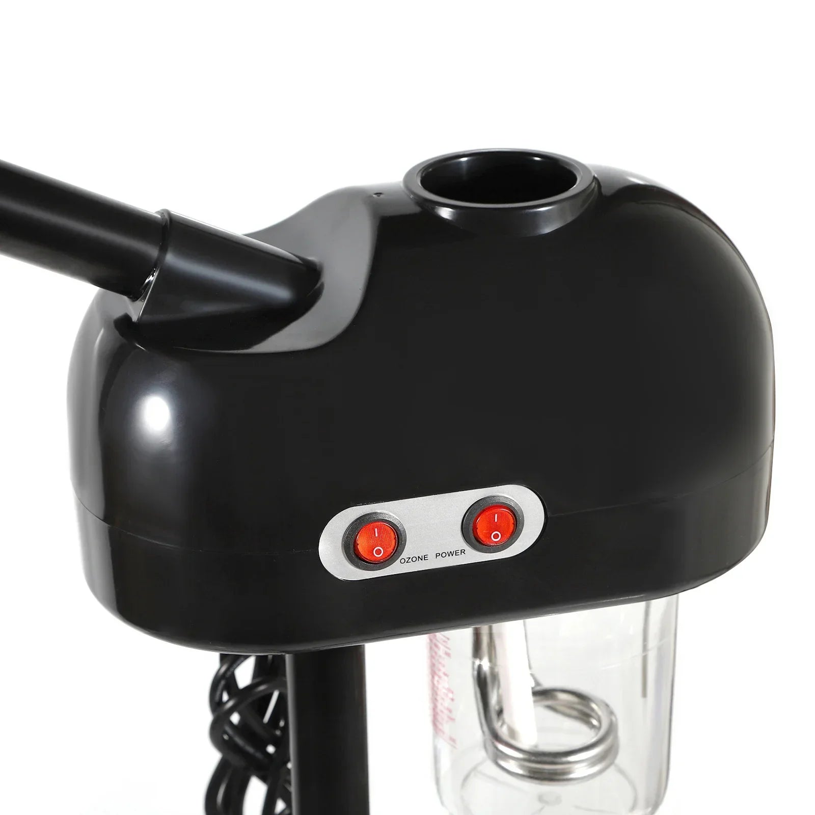 Black 800W facial steamer with ozone power switches, 750ml water tank, and adjustable spa pore cleaner nozzle.