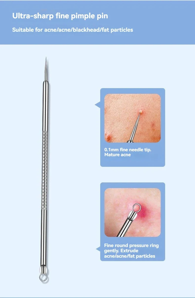 Silver stainless steel double-ended acne tool with a sharp needle tip and a round pressure loop for skin extraction.
