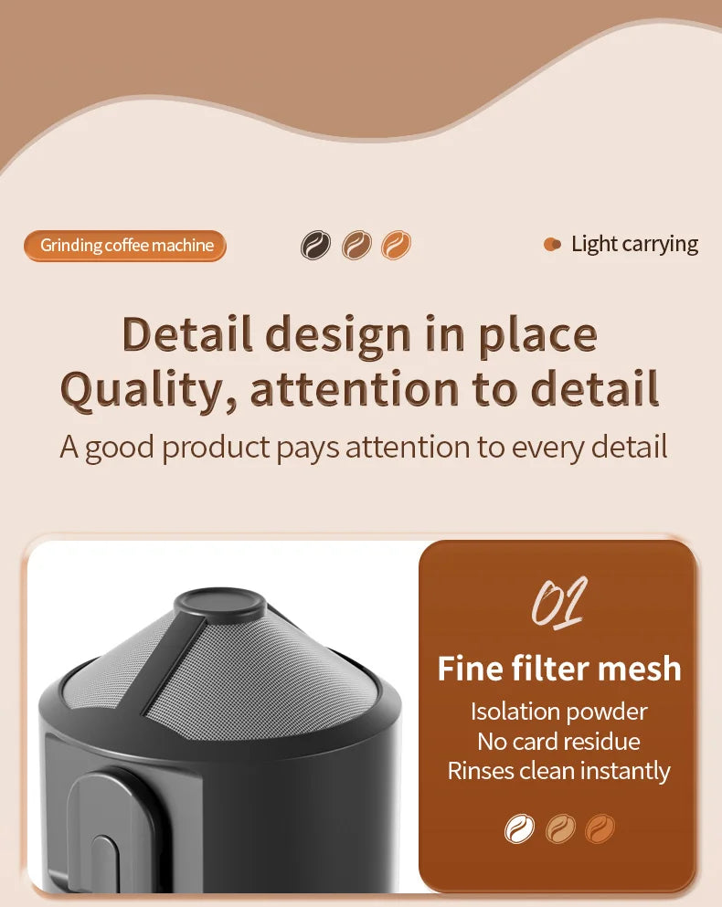Portable black grinding coffee machine with fine mesh metal filter for easy cleaning and residue-free brewing.