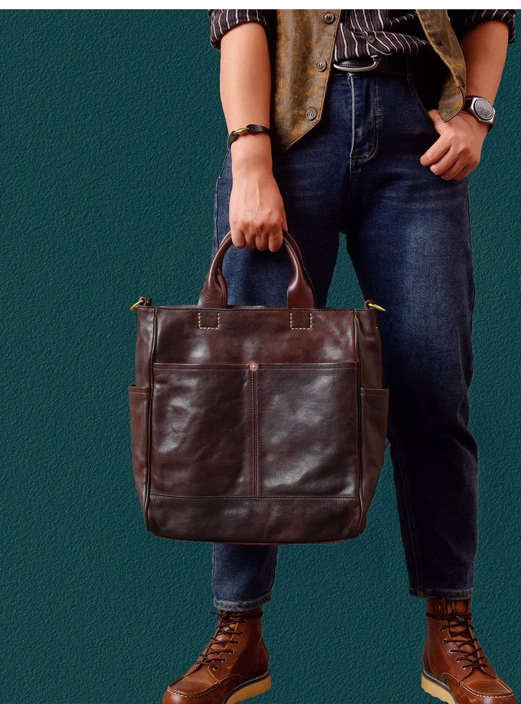 Fashion organizers designers handmade genuine leather men's tote bag outdoor travel luxury vegetable tanned cowhide handbags