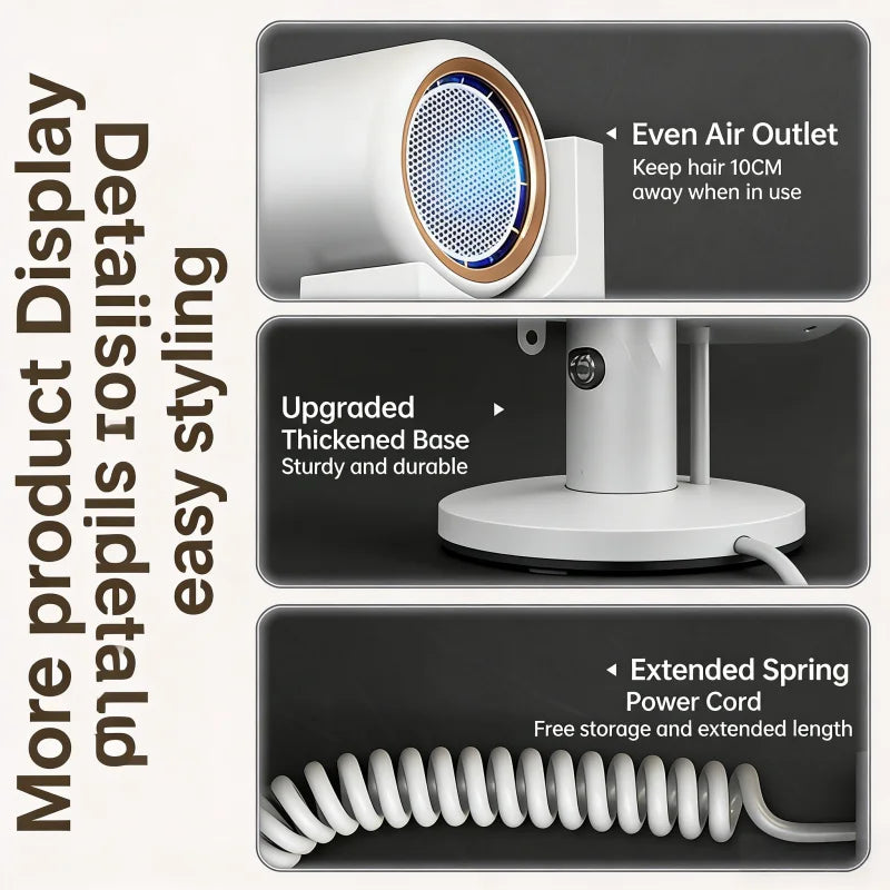 White 1800W wall-mounted hair dryer with LED temp display, sturdy base, and extended spring cord for bathroom styling.