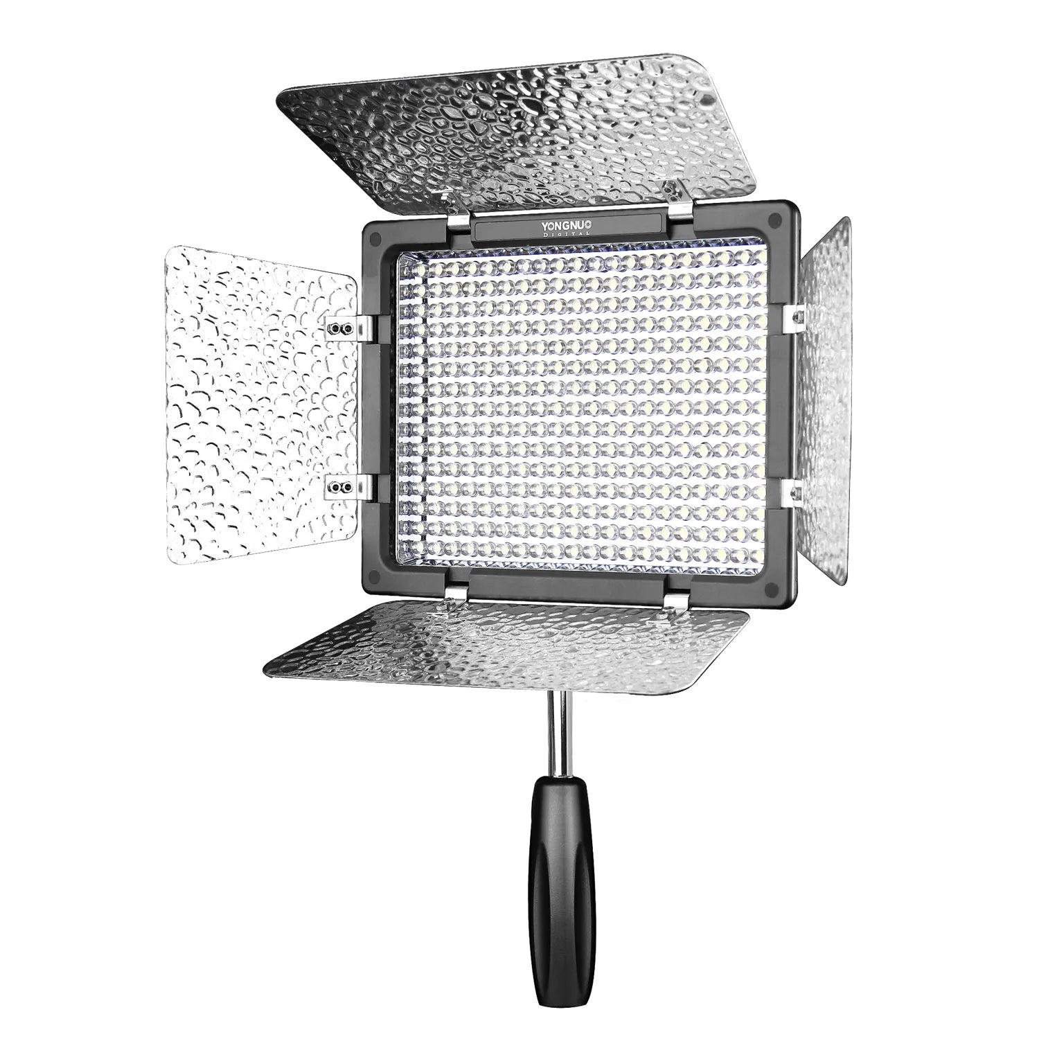 LED video light panel with four reflective silver barn doors and a black handheld grip for photography and videography.