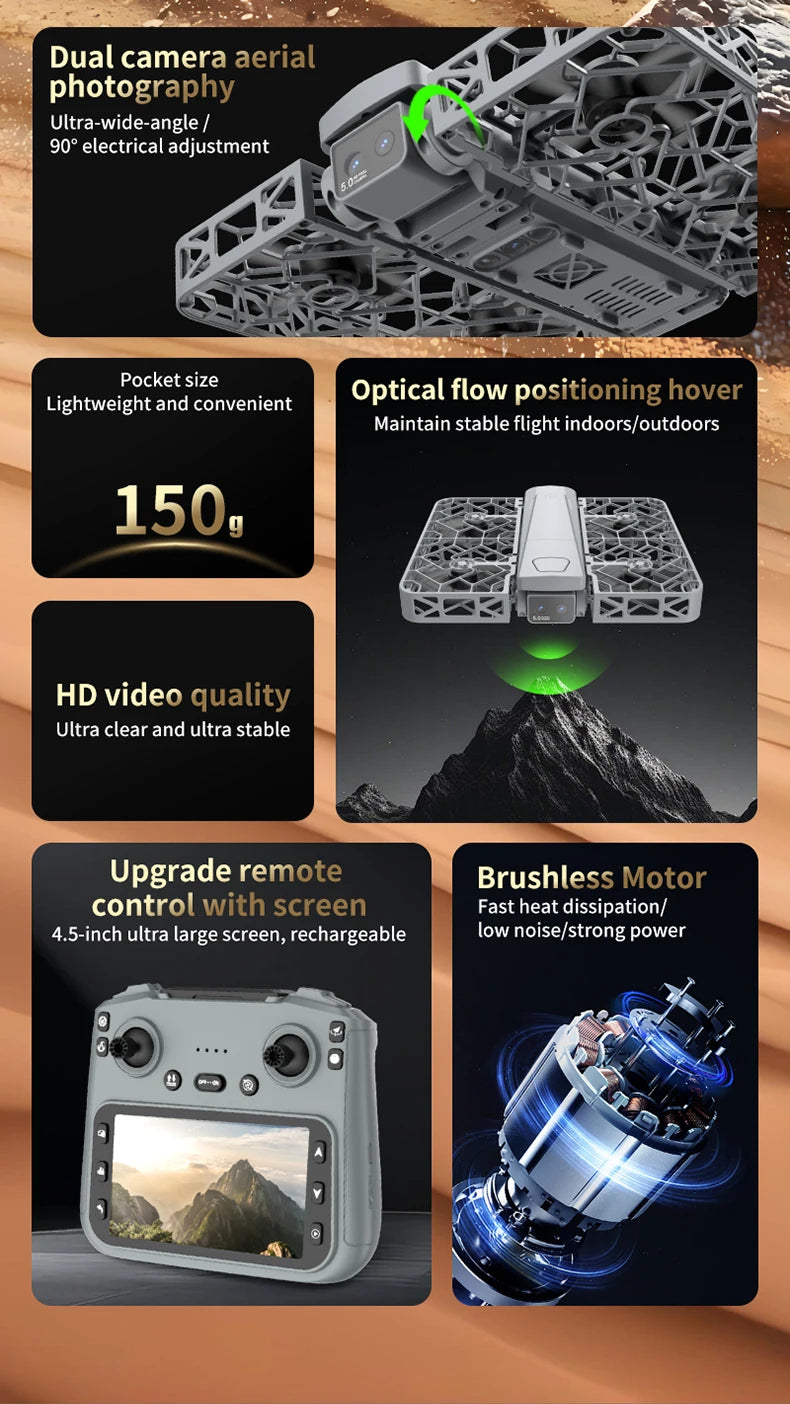 Gray, 150g foldable drone with dual cameras, optical flow positioning, brushless motors, and a remote with a screen.