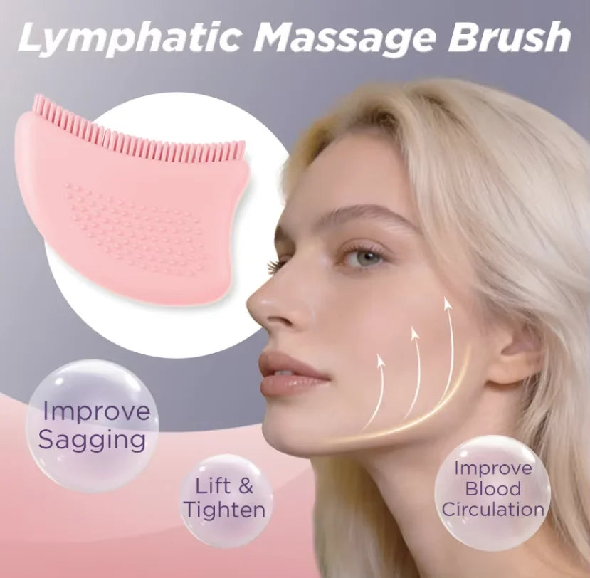 Pink, curved lymphatic massage brush tool with soft bristles, shown next to a woman modeling facial lifting techniques.