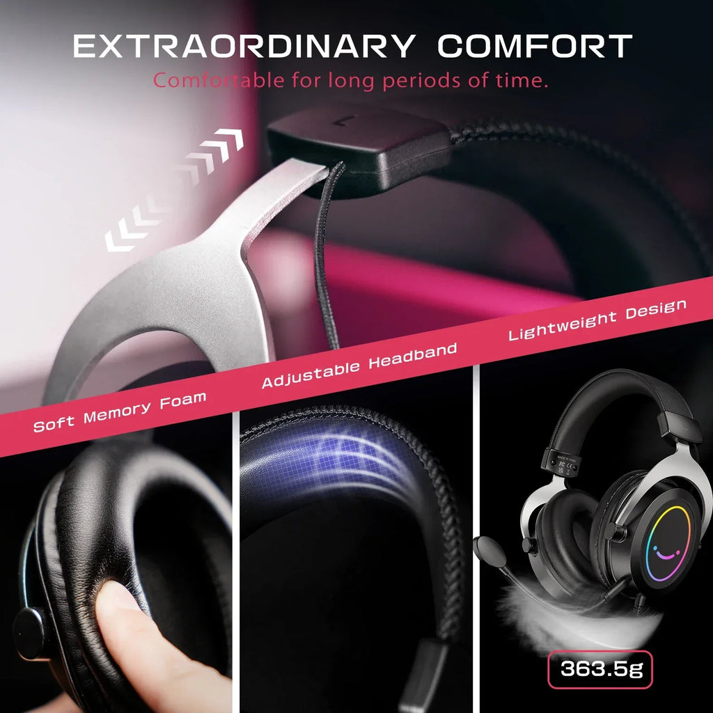 Tidesmit Gaming Headset with RGB, Memory Foam & PC Mic - Black Tidesmit
