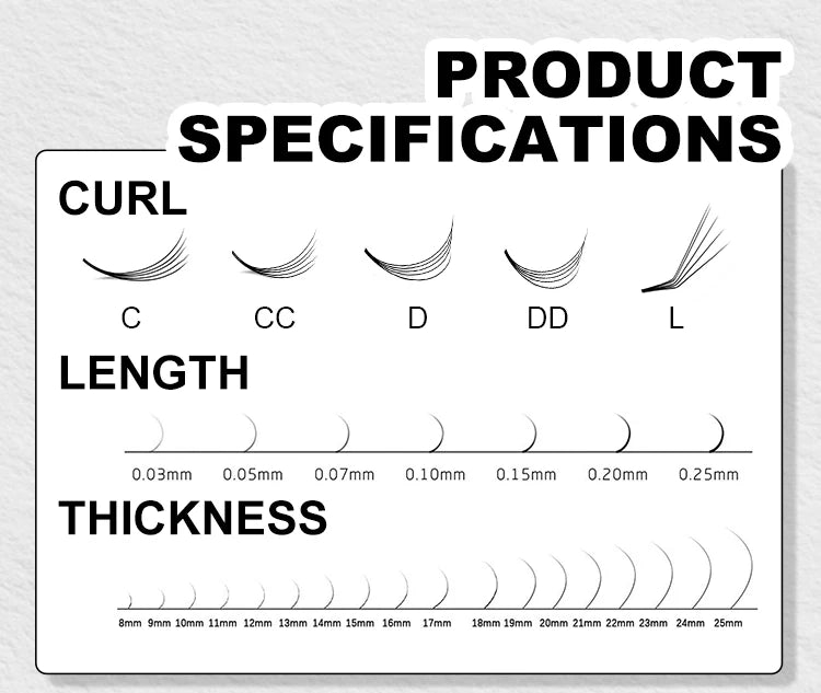Abonnie eyelash extension specifications chart showing curl types (C-L), various thicknesses, and lengths.