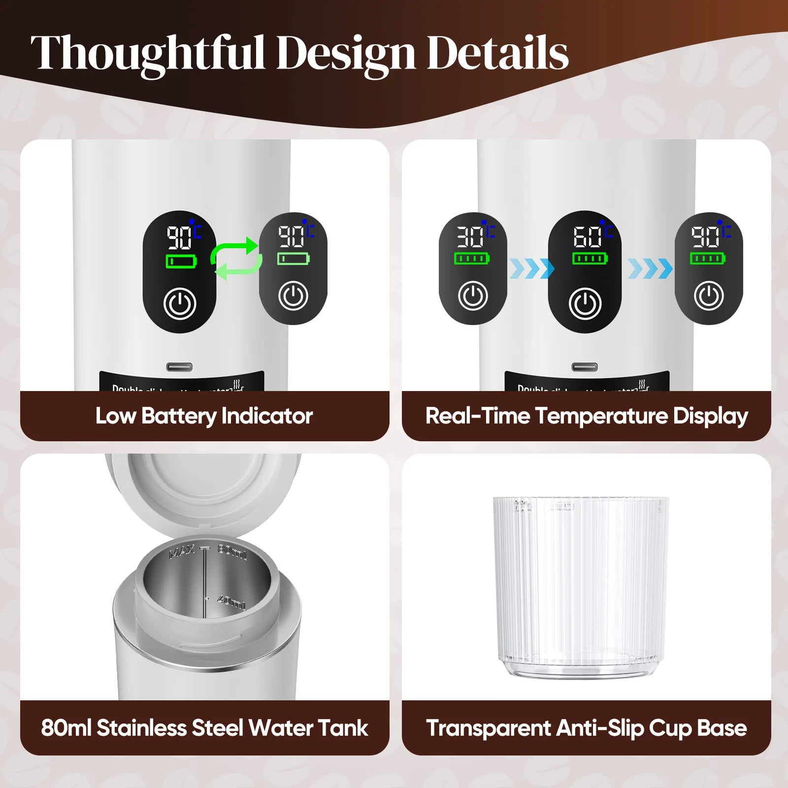 Portable white coffee maker features digital temperature display, 80ml stainless steel tank, and anti-slip cup base.