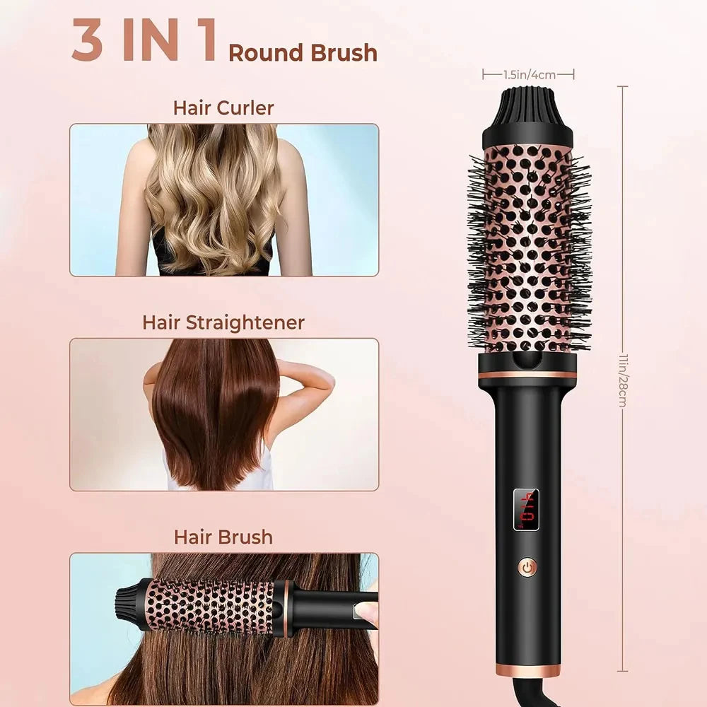 TINSOL 3-in-1 rose gold ion hair styler, curling wand, and straightener brush with LED temperature display.