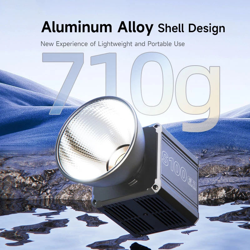 S100 video light with a silver aluminum alloy housing and a circular reflector for photography lighting.