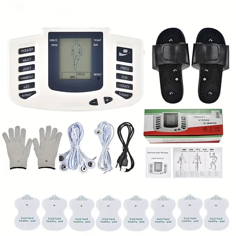 White EMS electrostimulator physiotherapy machine set with acupuncture pads, massage slippers, gloves, and user manual.