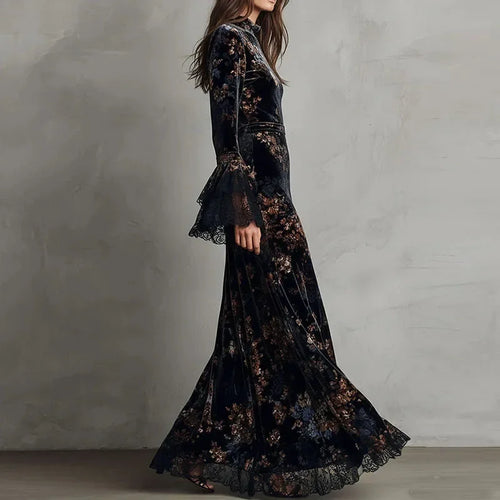Floral Print Velvet Lace Maxi Dress in black with long flared lace sleeves, worn as a formal evening dress.