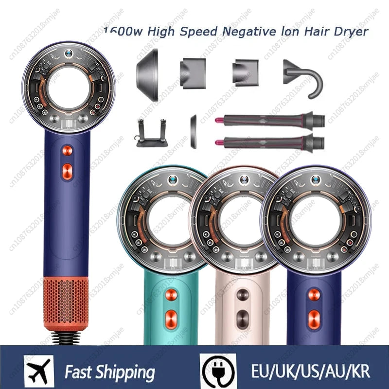 1600W leafless ionic hair dryer set in blue, pink, green with styling attachments for professional salon hair care.