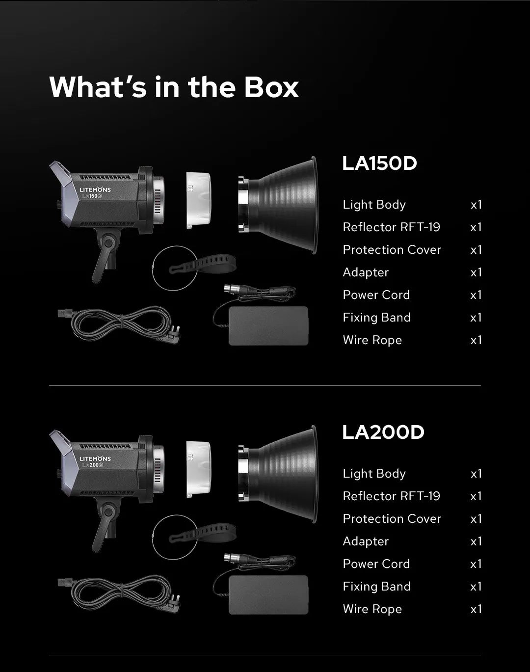 LA150D and LA200D LED video light kits with reflectors, power adapters, cords, and straps on a black background.