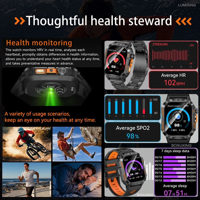 New Military Grade 1200mAh Battery Smartwatch Men 5ATM Waterproof Sports Tracker Flashlight Heart Rate AMOLED Screen Smart Watch