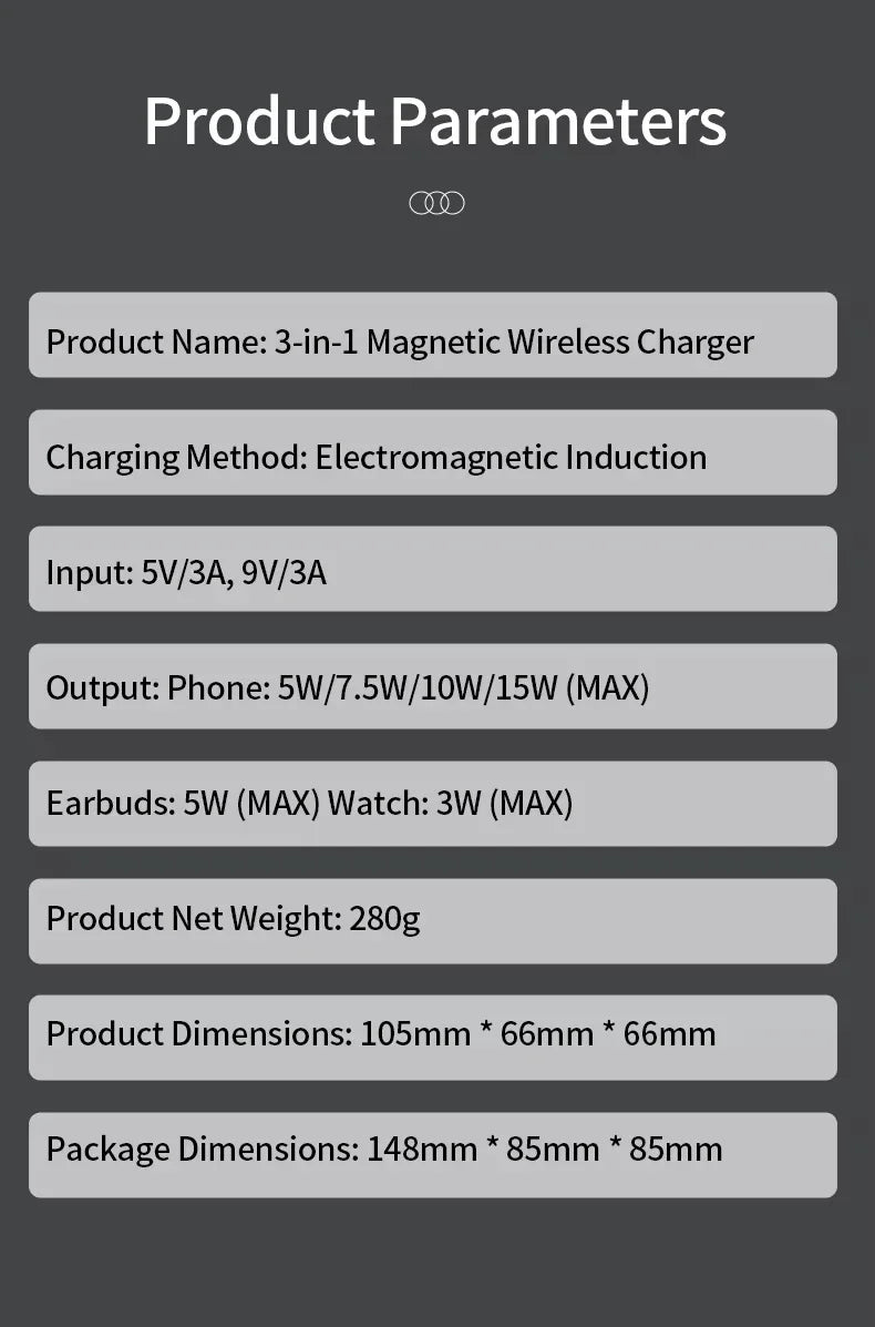 3-in-1 Fast Wireless Charger for iPhone, Apple Watch & AirPods - Grey Tidesmit