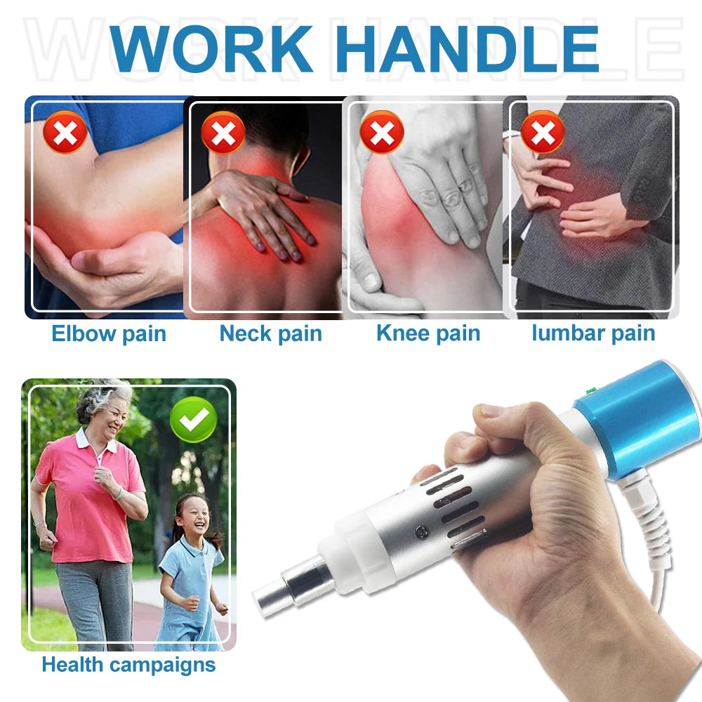 Handheld shockwave therapy massager for muscle pain relief, treating elbow, neck, knee, and lumbar pain.