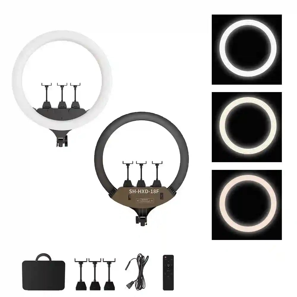 18-inch LED ring light with three phone mounts, adjustable color temperatures, power cord, remote, and carrying case.