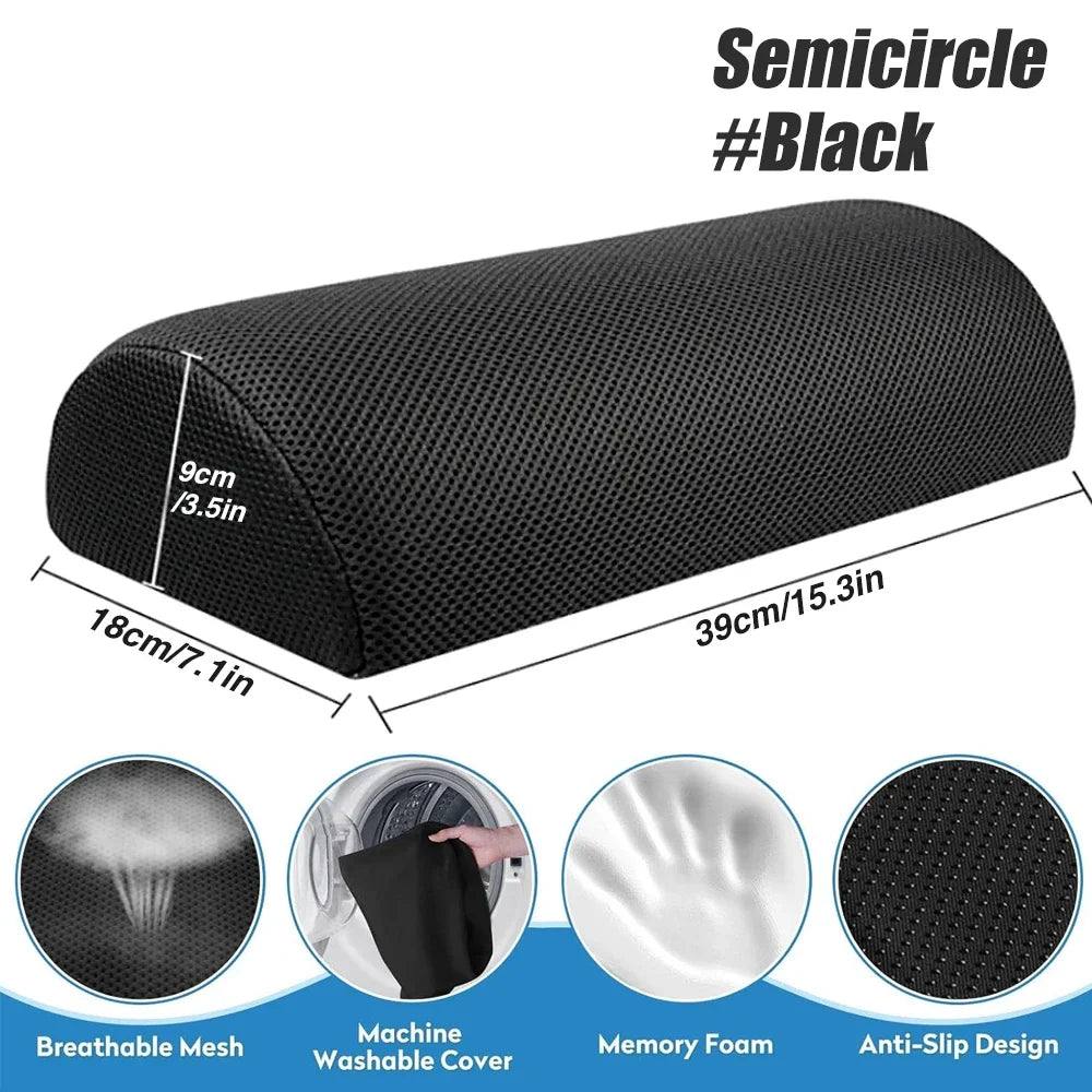 Black semicircle memory foam foot rest for under desk with breathable mesh, non-slip base, and machine-washable cover.
