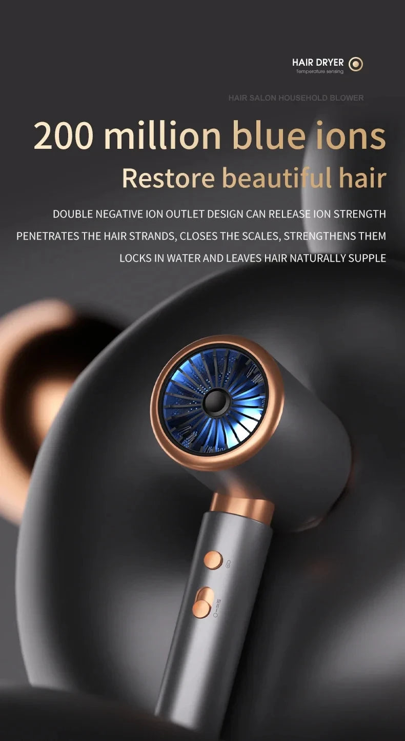 2000W professional ionic hair dryer in matte grey and rose gold, featuring advanced blue ion technology for frizz-free.