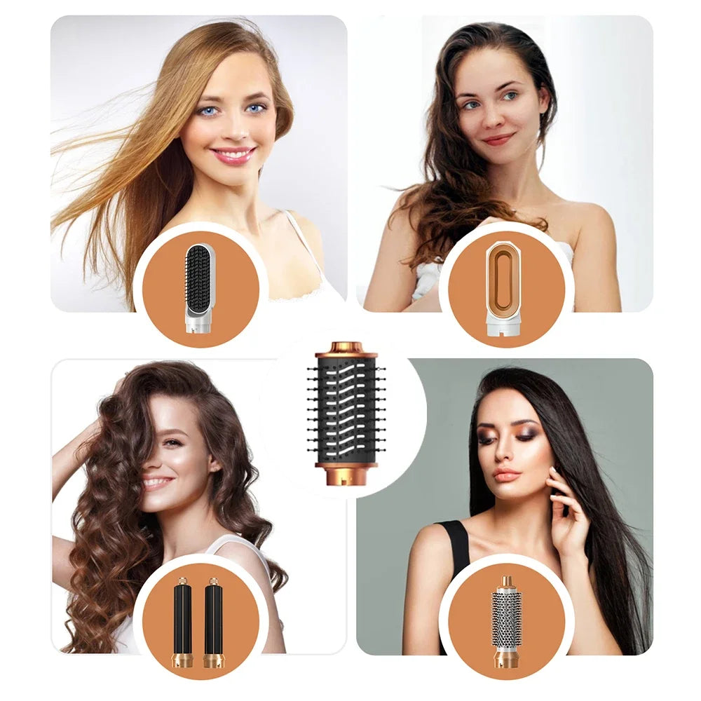 6-in-1 hair dryer brush set with rose gold attachments, styling combs, and curling barrels for professional air styling.