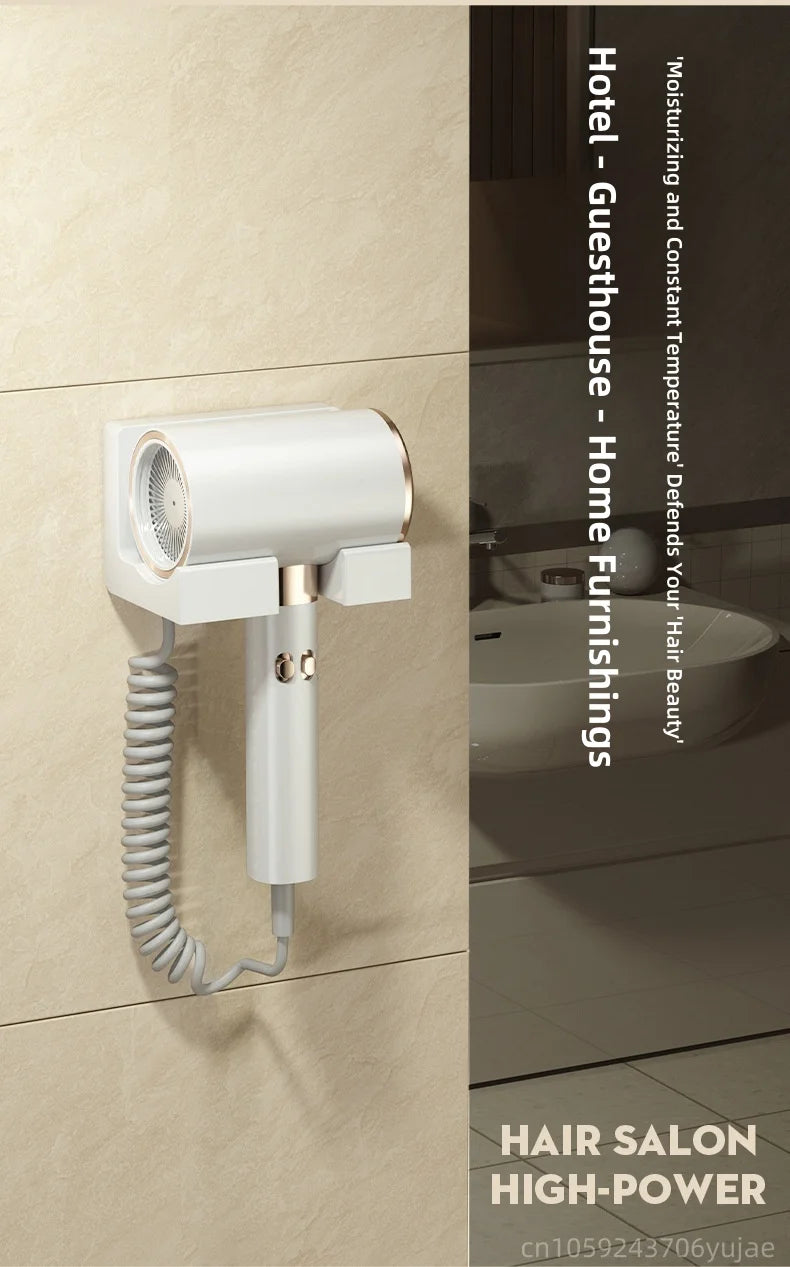 White wall-mounted hair dryer with gold accents, 2200W high-power, silent, ideal for hotels and home bathrooms.