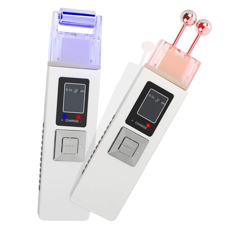 Two white, handheld galvanic facial devices: one with a blue roller head and one with two rose-gold metal spheres.