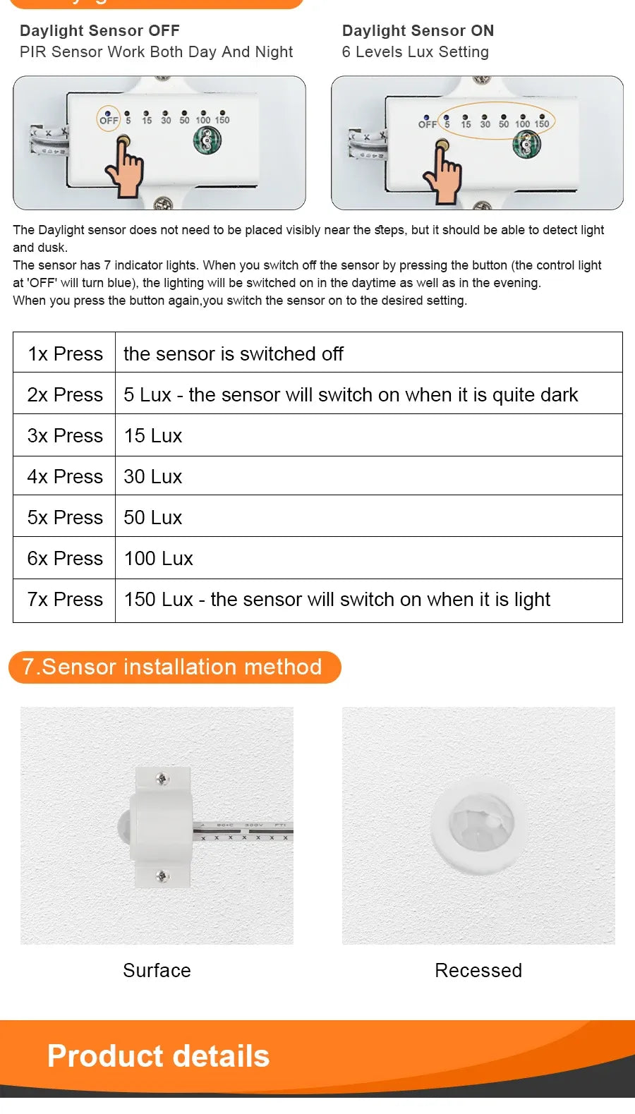 Daylight sensor ON/OFF for LED stair lights with light-level switch diagram.