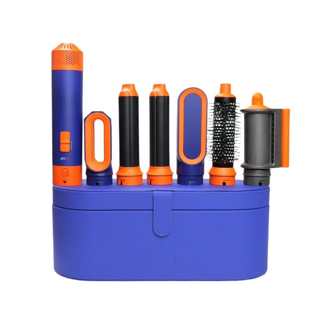 Blue and orange 6-in-1 hair styler set with air dryer, curling barrels, and brushes in a matching storage case.