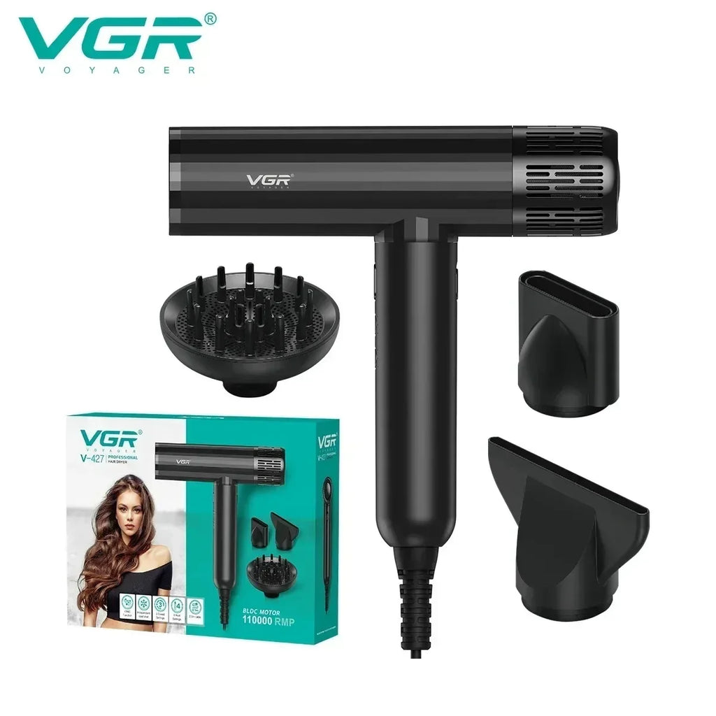 VGR V-427 black professional ionic hair dryer with brushless motor, diffuser, and styling nozzles in display box.