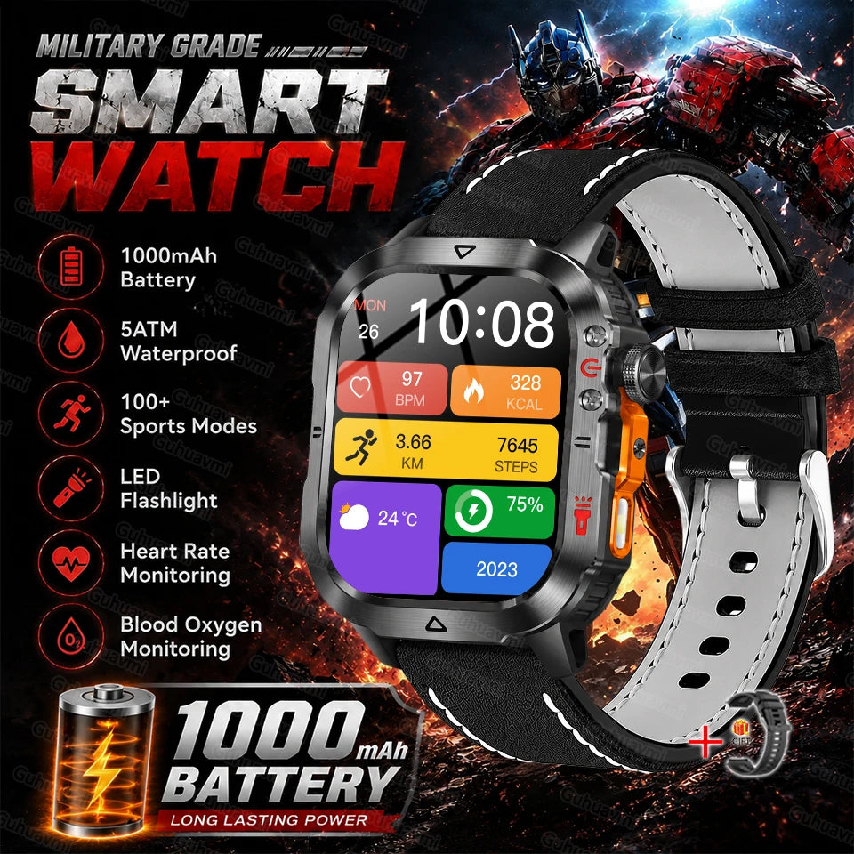 New 1000 MAh Battery Military Smartwatch 2.01" AMOLED Screen 5ATM Waterproof Fitness Tracker Sports Smart Watch For Android iOS