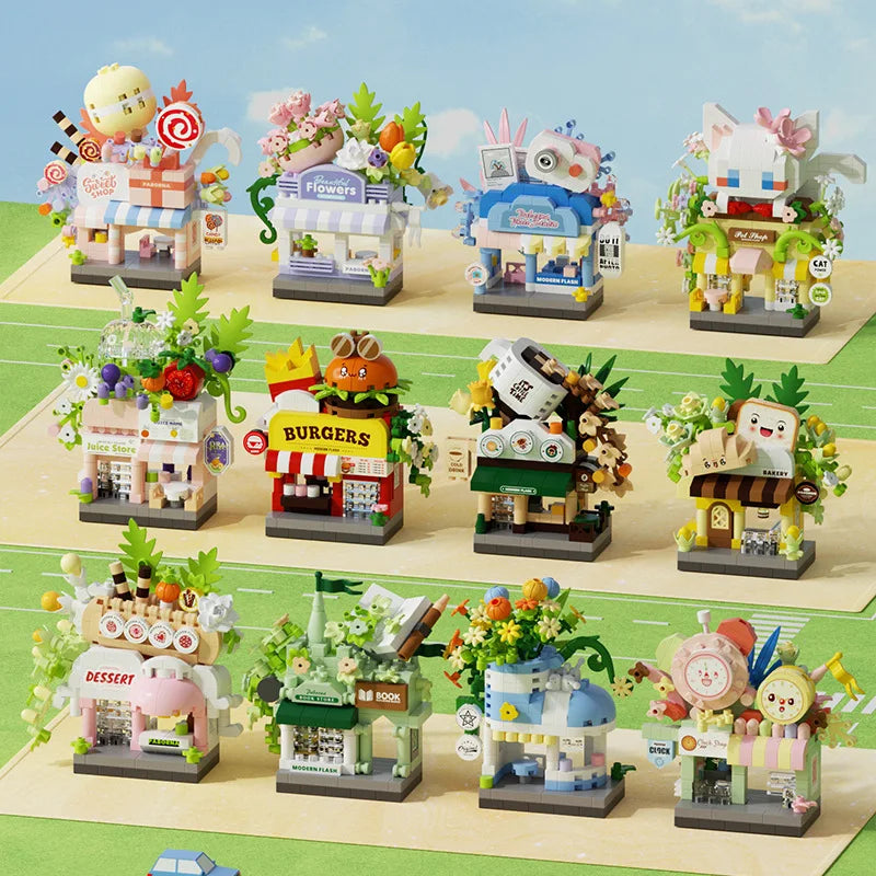 Colorful miniature city building block sets for kids, featuring a pet shop, candy store, and cafe storefront designs.