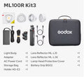 ML100R Kit3 photography light set with reflectors, power adapter, battery grip, mounting holder, and a carrying case.