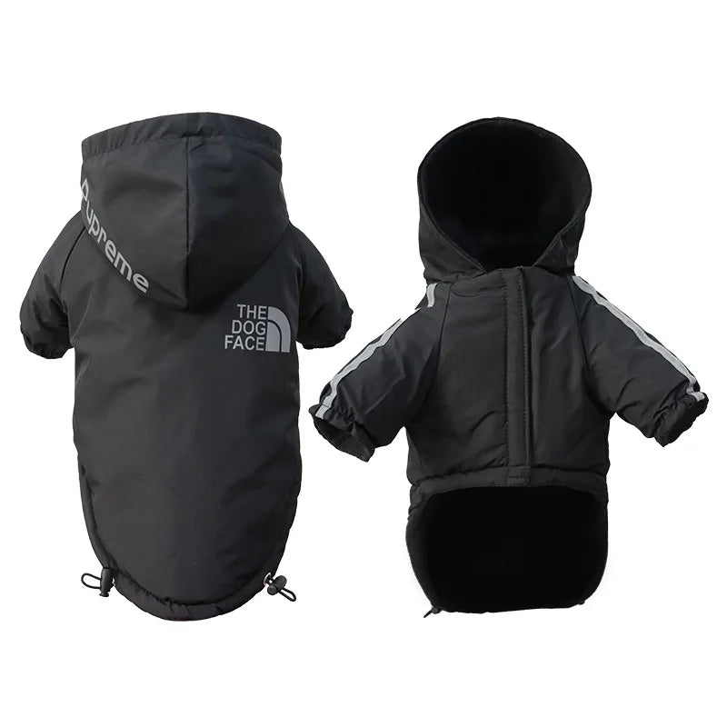 Black waterproof dog winter jacket with reflective strips, warm hooded snowsuit for small to large dogs.