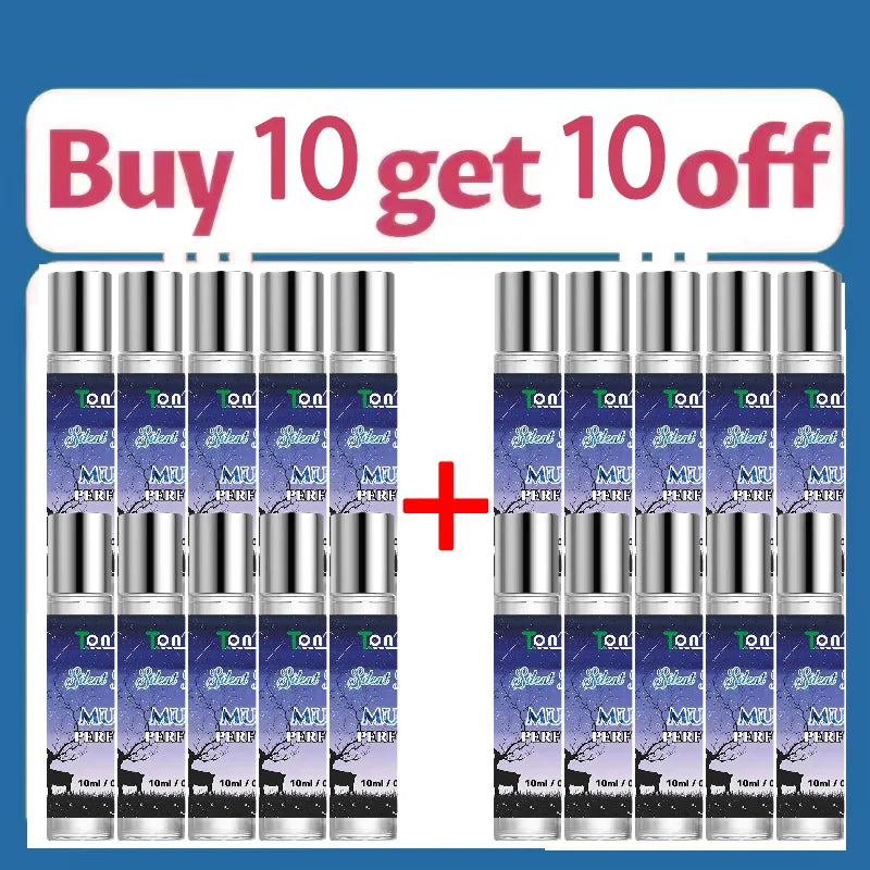 Twenty 10ml glass perfume roll-on bottles with silver caps and blue woodland labels arranged in two groups of ten.