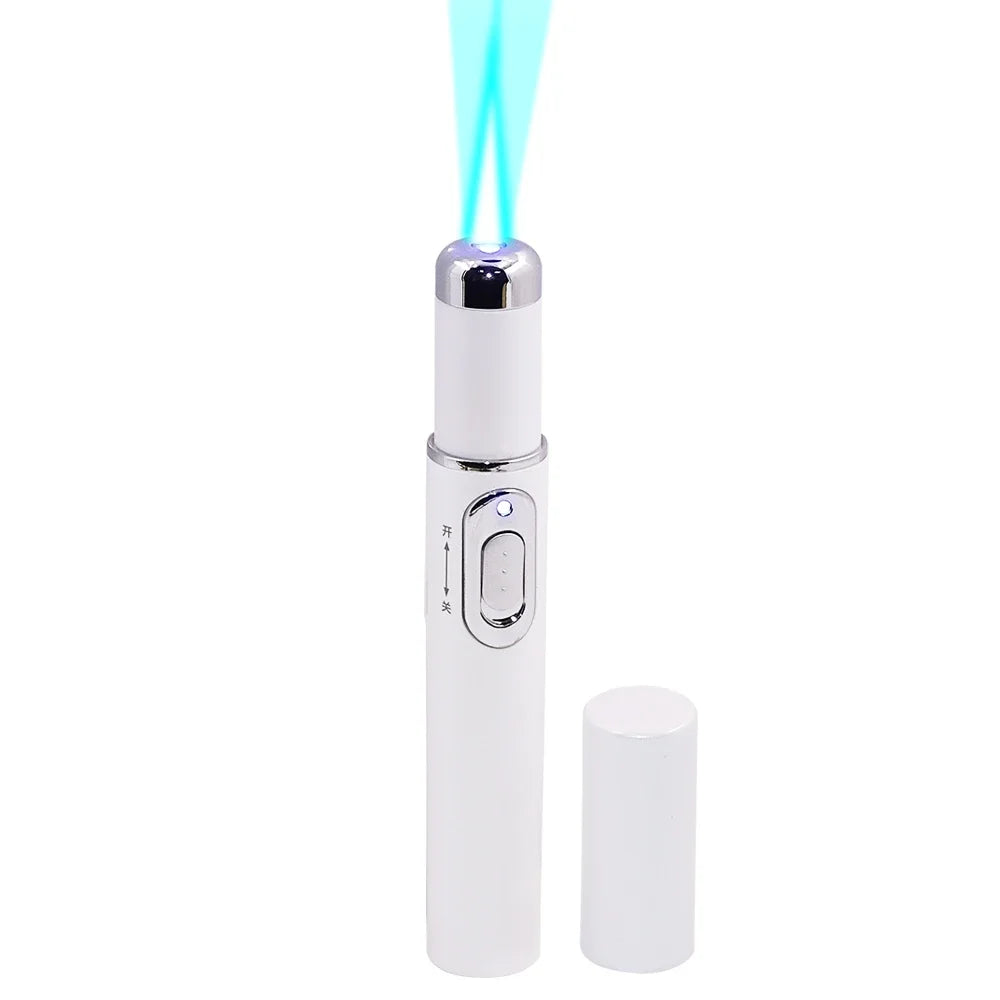 Blue light therapy pen for skin treatment. White cylindrical device with silver accents and a removable cap.