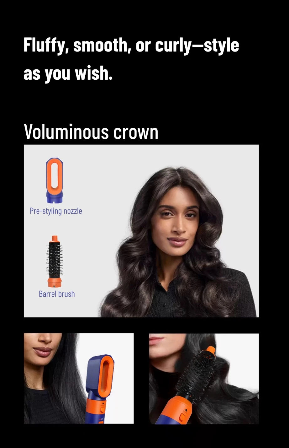 6-in-1 hair styler set in blue and orange with pre-styling nozzle and barrel brush for smooth, voluminous curls.