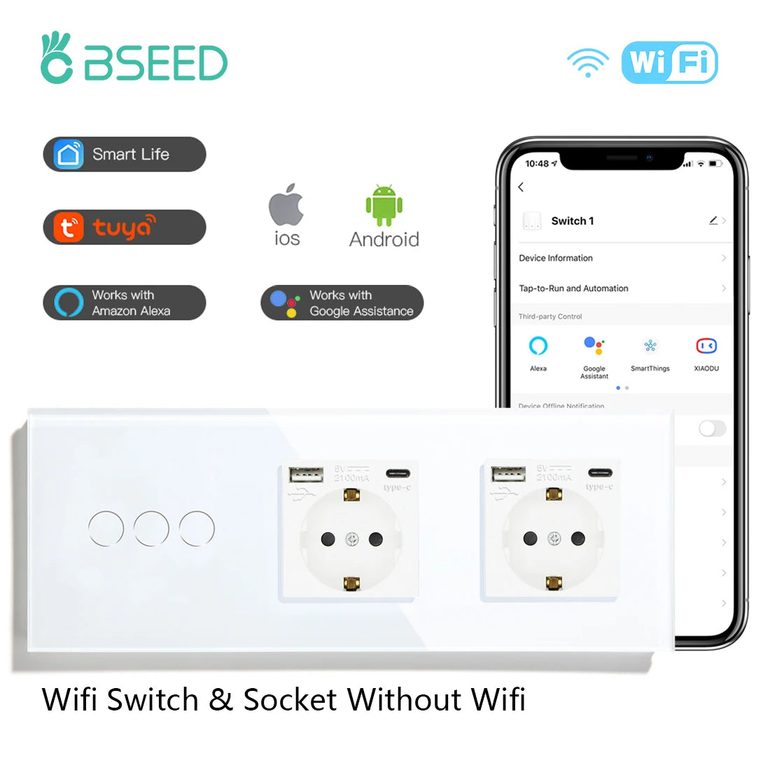WiFi Smart Wall Switch with USB-C Port - Glass Panel Tidesmit 3G Double Type-C EU standard Tidesmit