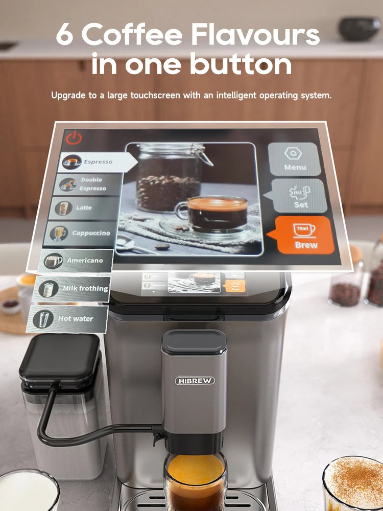 HiBREW automatic coffee machine in matte grey with a large touchscreen display for selecting 6 coffee varieties.