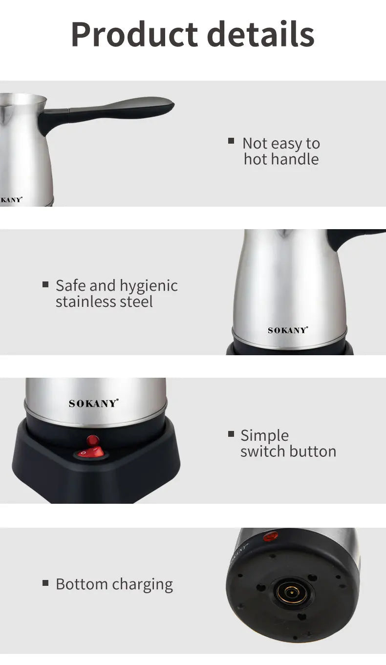 Sokany stainless steel electric Turkish coffee maker with cool-touch handle, base switch, and charging base.