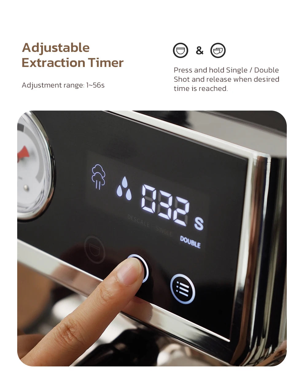 Finger pressing button on chrome espresso machine with digital extraction timer and pressure gauge display.