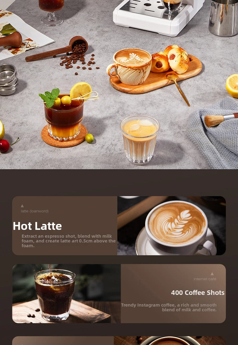 White espresso coffee maker machine creating lattes and shots in a modern home cafe setting with various drinkware.