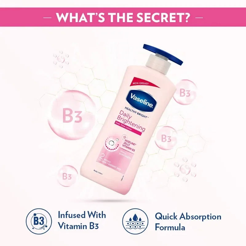 Vaseline Healthy Bright Daily Brightening Daily Moisturizer for Glowing Skin Vitamin B3 Body Lotion in 2 Weeks Lightweight 725ml