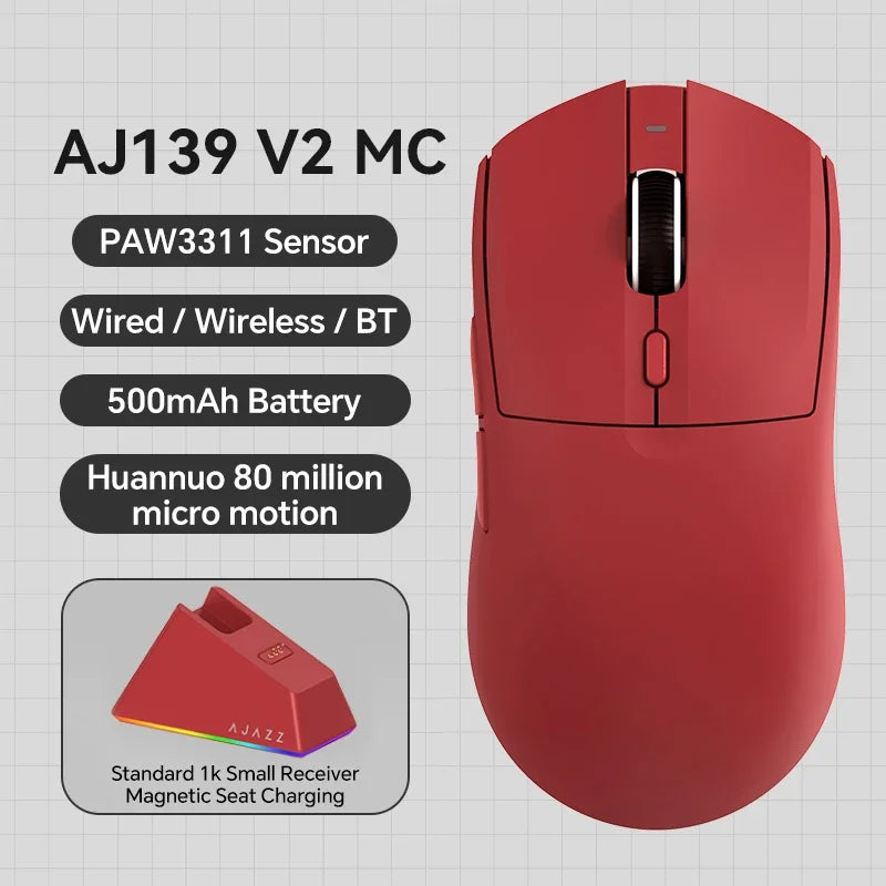 AJAZZ AJ139 V2 MC 1000HZ Gaming Mouse Small/medium size tri-mode wireless PAW3311 sensor lightweight design RGB full-color magnetic base About 66g lightweight