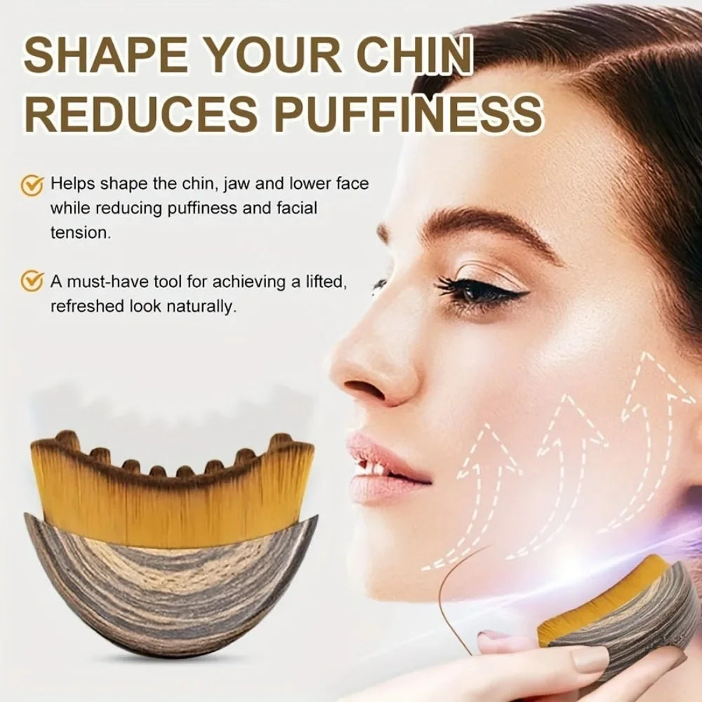 Curved lymphatic face brush with brown wood-grain base and soft, dense bristles for jawline contouring and massage.